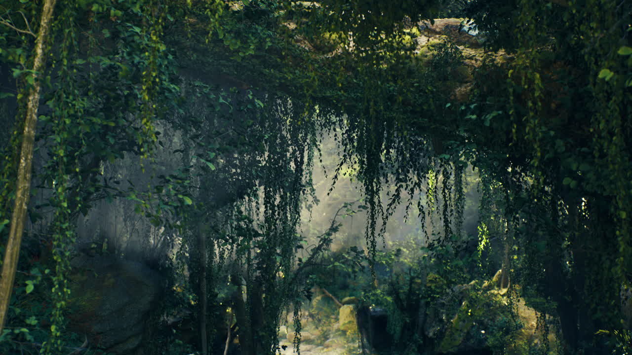 Lush green tropical landscape with cascading waterfall and foliage