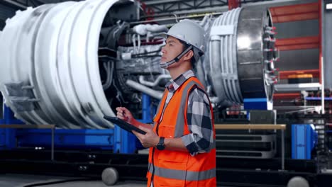 side view of asian male engineer with safety helmet taking note on the tablet and looking around while standing with airplane engine maintenance conducted, analytics checking the turbine