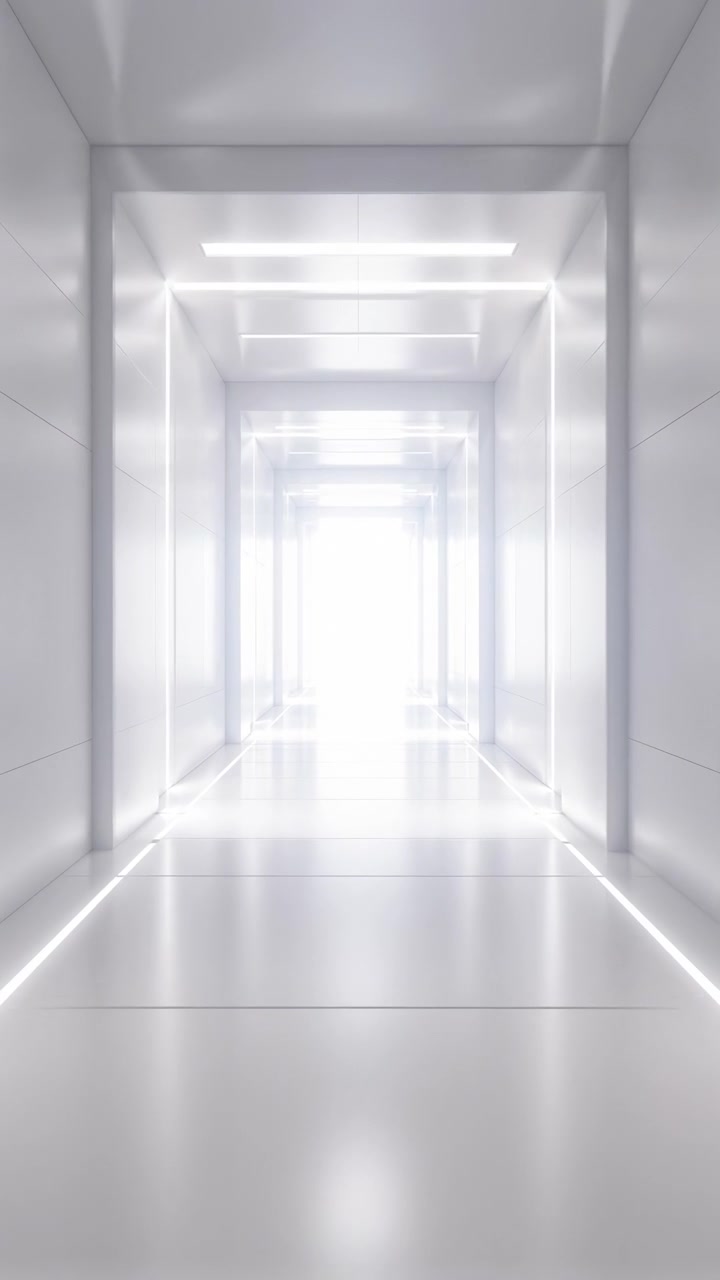 Corridoio futuristico bianco luminoso che risplende, pavimento riflettente e strisce luminose lineari conducono verso un'intensa radiosità