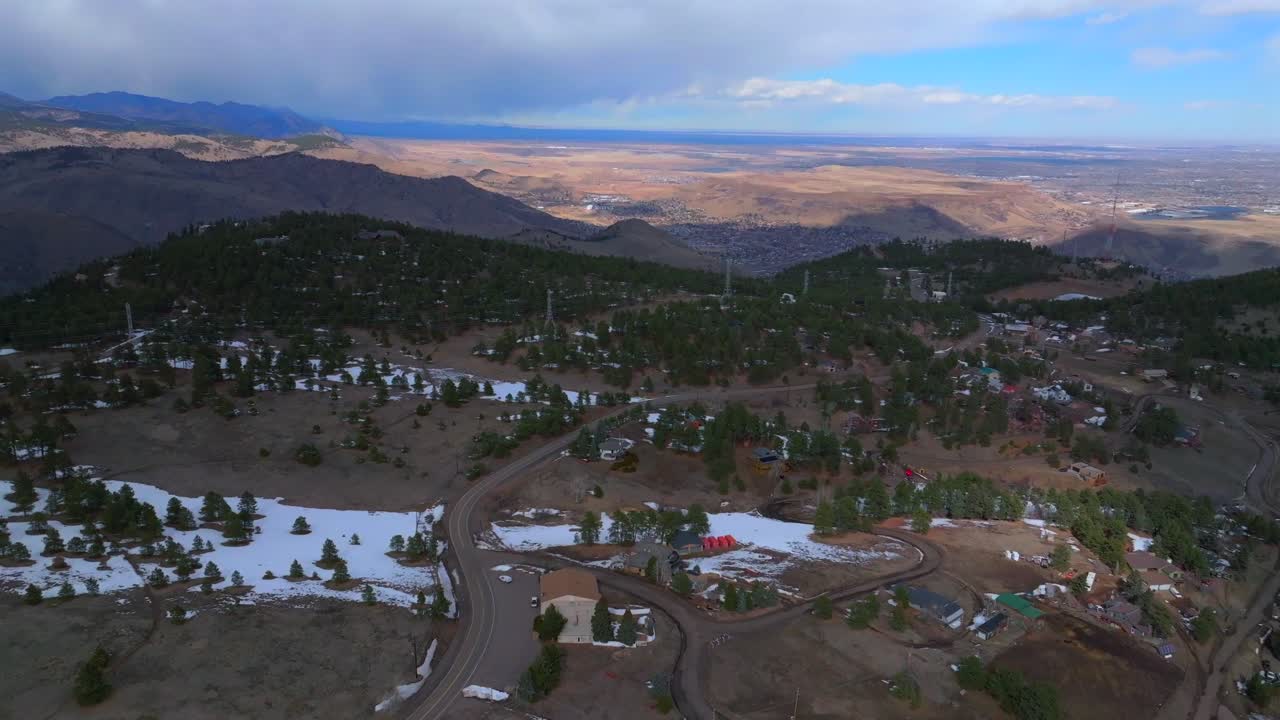 Lookout Mountain Genesse Morrison Evergreen aerial drone view Colorado Golden Gate Canyon power lines winter sunny cloudy afternoon Buffalo Bills Grave blue sky Boulder circle left motion