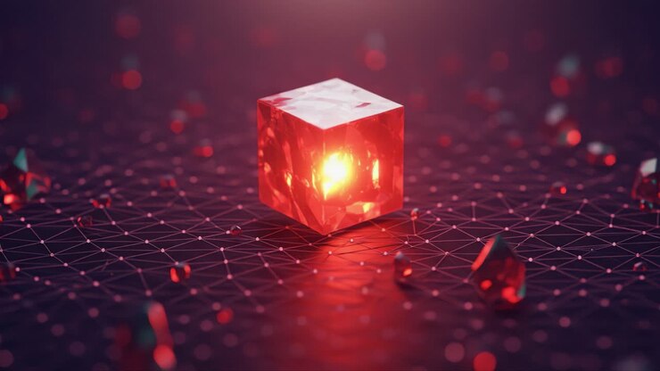 A glowing red crystal cube surrounded by sparkling gems on a vibrant digital network, symbolizing creativity, energy, and technological advancement in a visually stunning environment