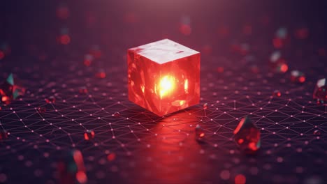 a glowing red crystal cube surrounded by sparkling gems on a vibrant digital network, symbolizing creativity, energy, and technological advancement in a visually stunning environment