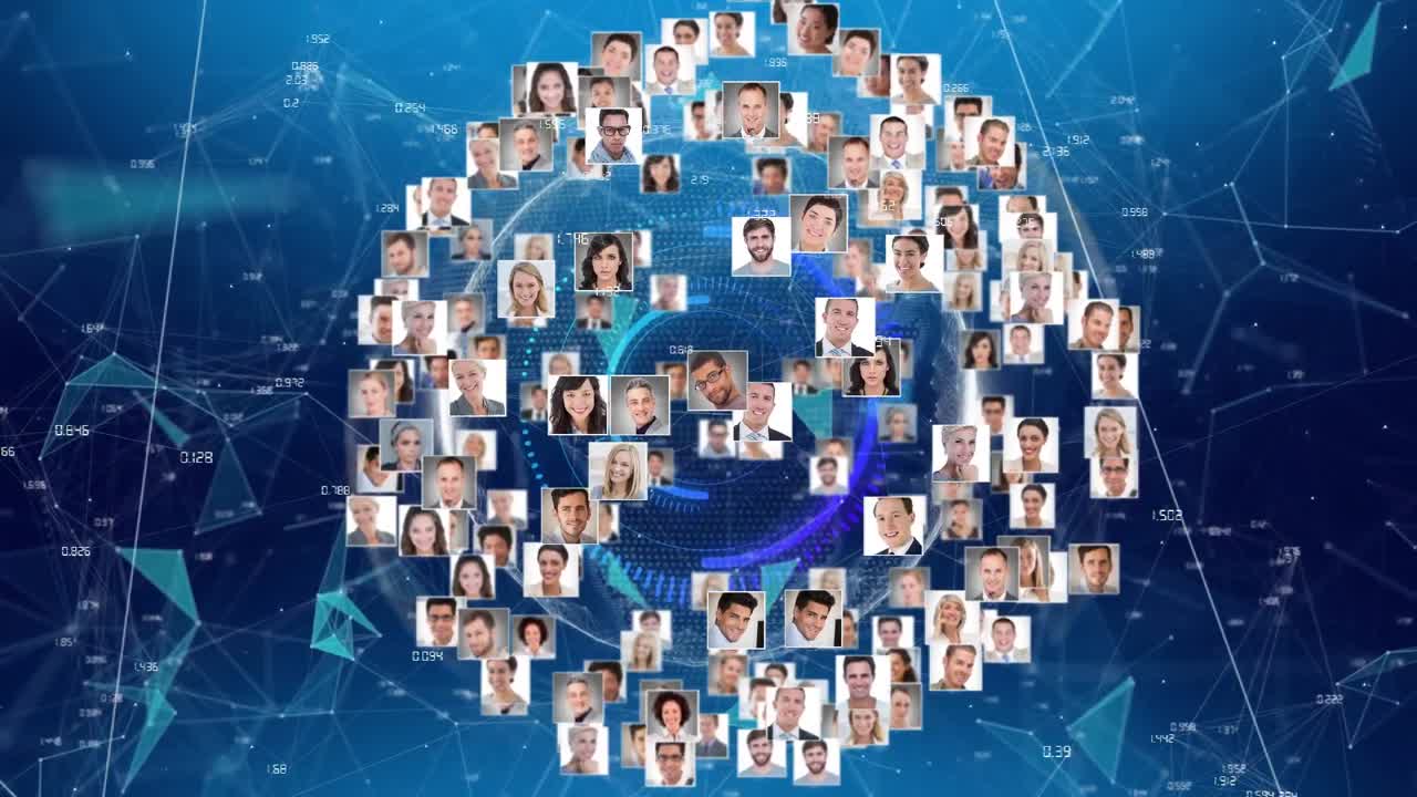 Animation of globe of network of connections with people's photos