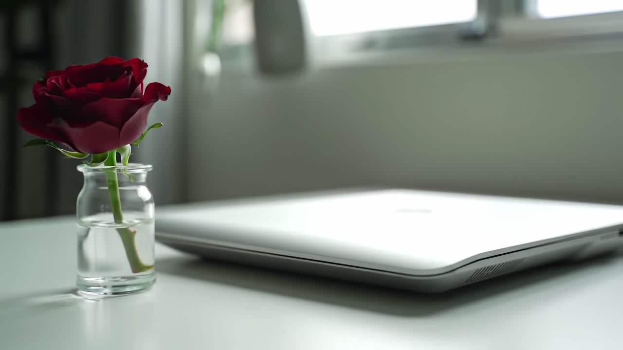 A Serene Workspace with a Vibrant Red Rose Next to a Silver Laptop, Capturing the Essence of Creativity and Tranquility in a Modern Environment