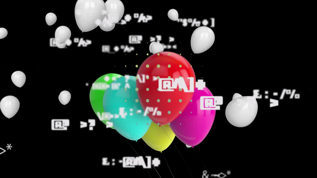 Floating colorful balloons with coding symbols and dots on black background animation