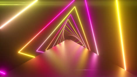 volando a través de triángulos de neón giratorios brillantes creando un túnel, espectro azul rojo rosa violeta, luz ultravioleta fluorescente, iluminación moderna de colores, animación en bucle 4k