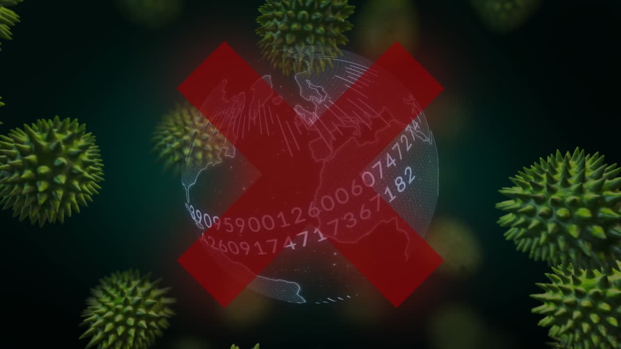 animación de cruce sobre el globo con células de coronavirus que se propagan en el fondo.