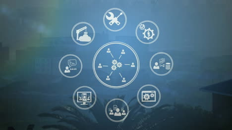 Animation of icons with connections and data processing over cityscape