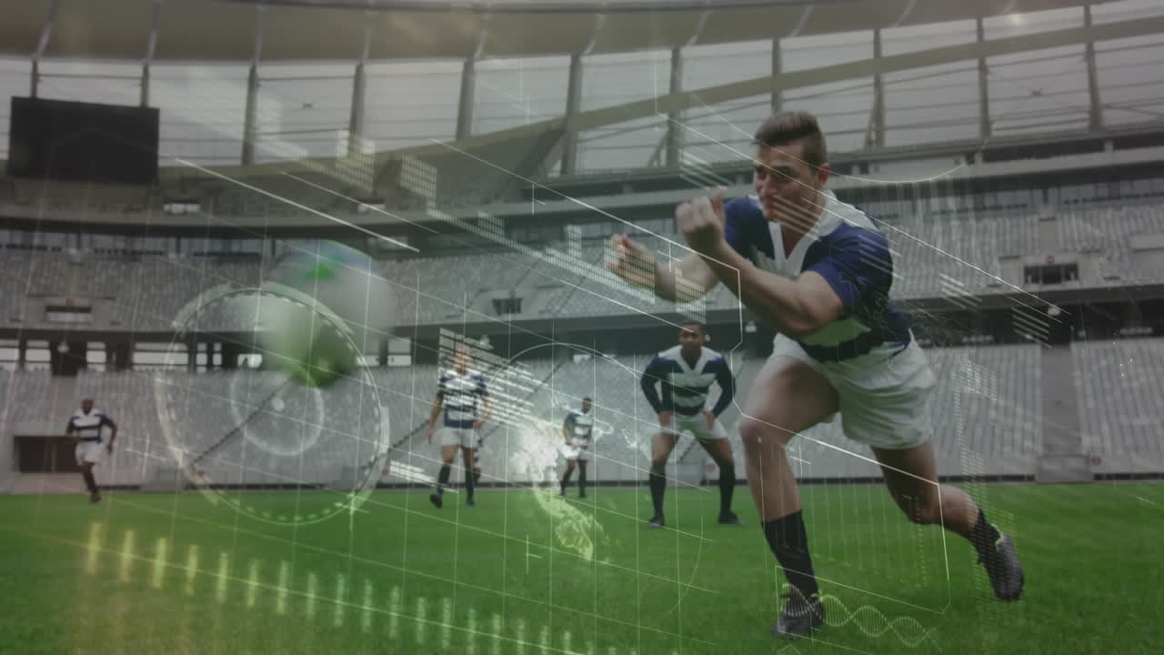 스포츠 경기장에서의 럭비 경기에 대한 데이터 처리 애니메이션