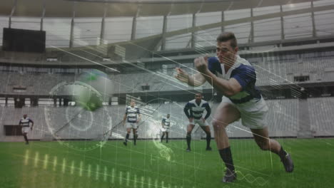 animación del procesamiento de datos durante un partido de rugby en un estadio deportivo
