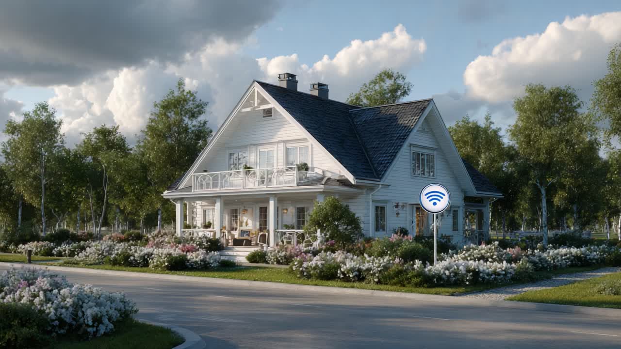 A charming countryside scene featuring a beautiful, well-maintained house with a lush garden, showcasing its modern amenities and connectivity options in a serene setting