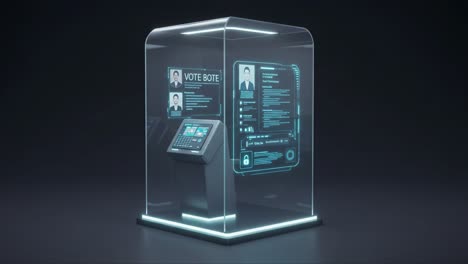 futuristic voting booth displaying advanced technology for secure electoral procedures, featuring touchscreen interface and digital voter information panel