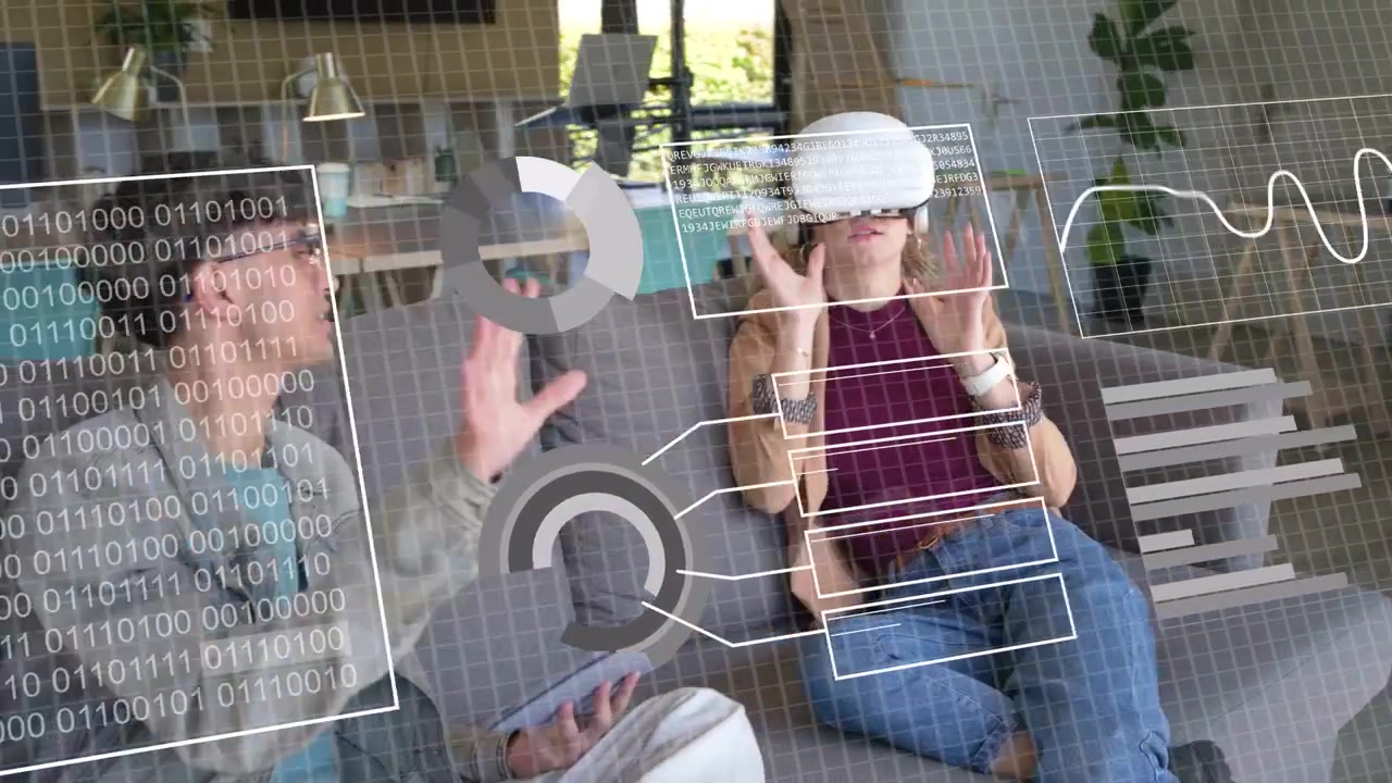 Man manipulating tablet, starting AR data collection, woman donning VR headset and analyzing charts