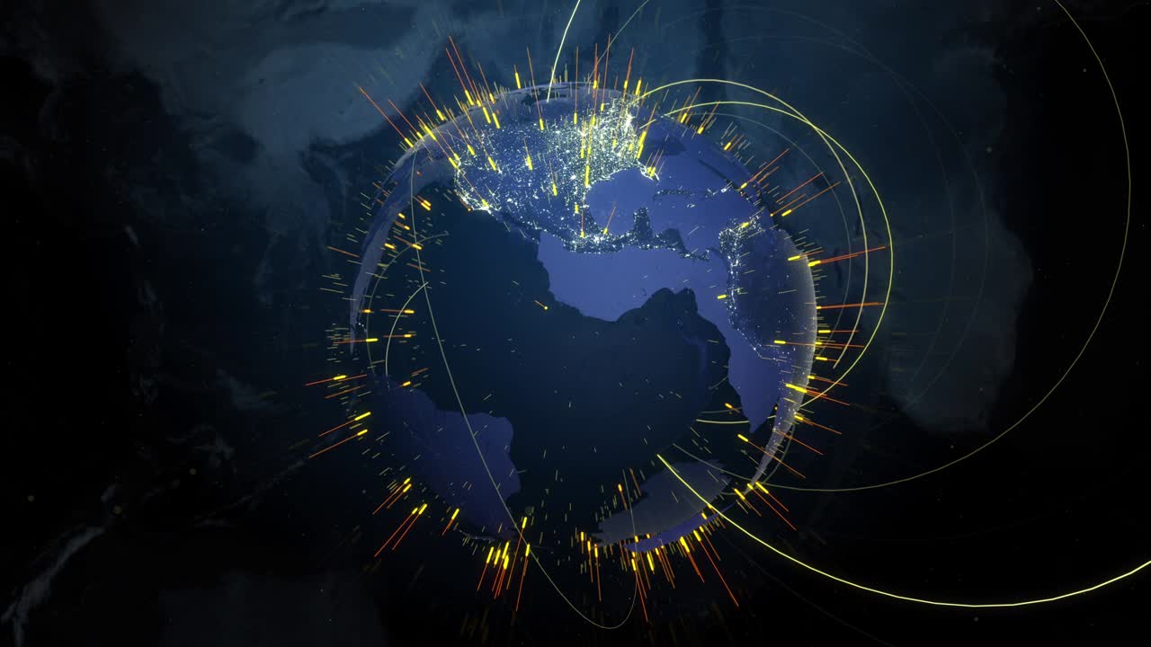 esfera de globo azul con elementos amarillos y naranjas brillantes