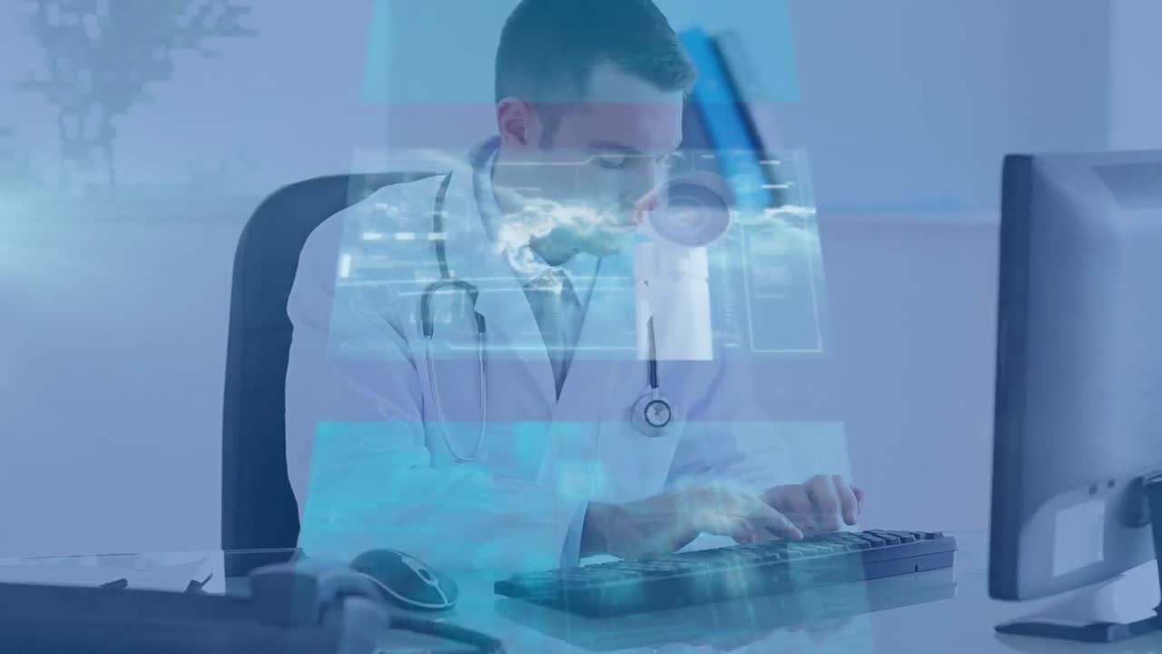 animación de diagramas sobre un médico masculino utilizando una computadora
