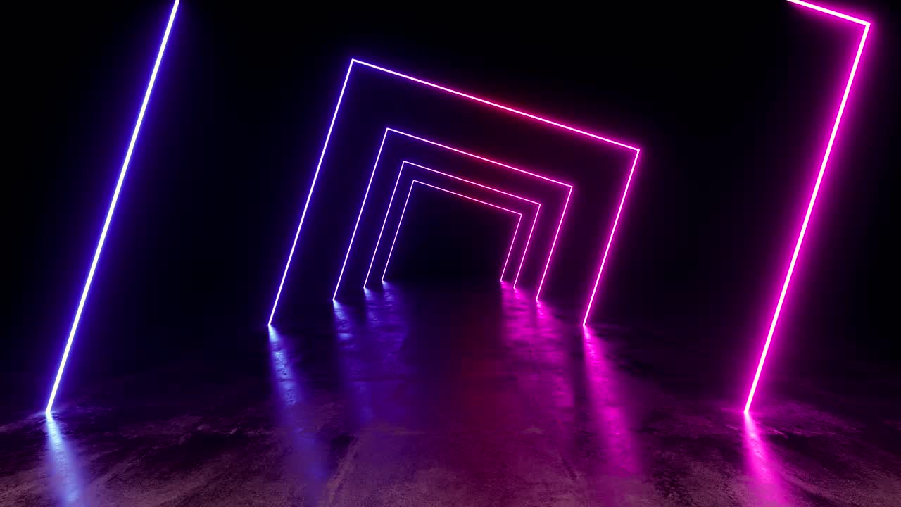 Luci rotanti e cicliche a LED, laser, neon fluorescenti retrò a forma di rettangolo, vibranti blu e viola, che brillano in un tunnel sotterraneo di garage in cemento lucido e dall'atmosfera grunge.