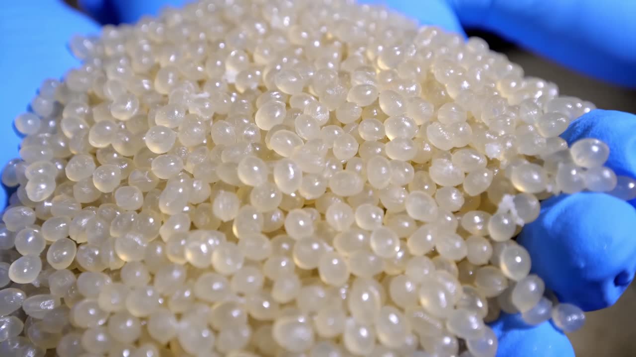 Plastic pellets are crumbling or poured from the palms. Raw materials for recycled plastic are used in manufacturing.