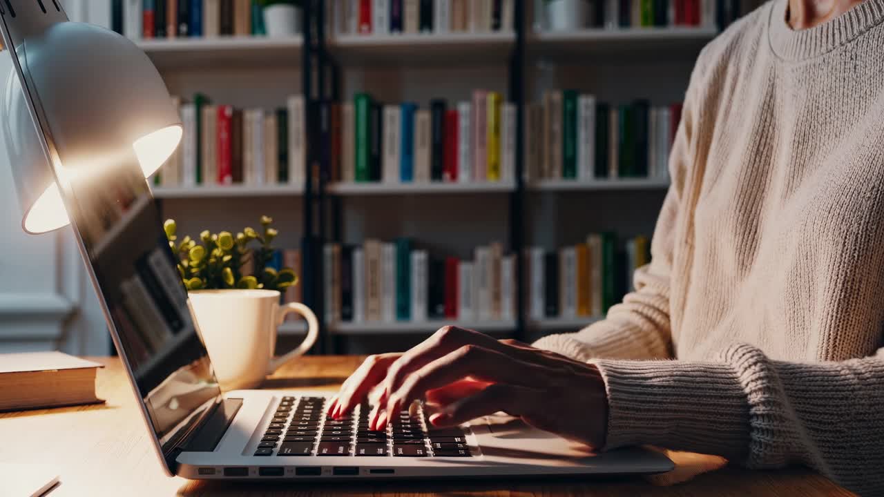 En videoscene fra en koselig arbeidsplass, filmet fra sidevinkel, som viser en person som skriver på en bærbar PC