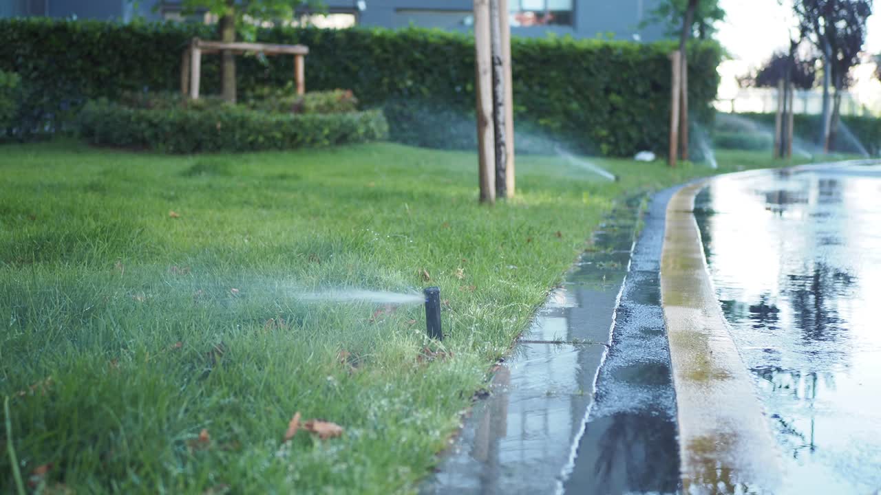 riego del césped en una zona residencial