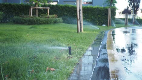 watering the lawn in a residential area