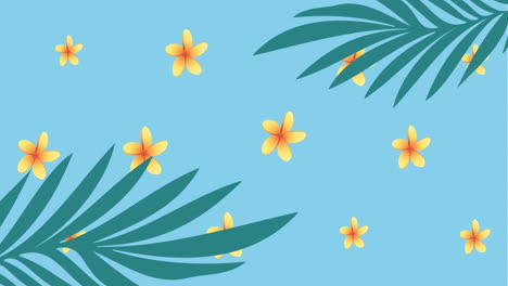 animation of yellow flowers pulsating in formation over tropical leaves on blue background