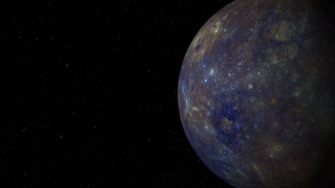 CGI composite: planet Mercury rotating screen-right, half lit with a starry background