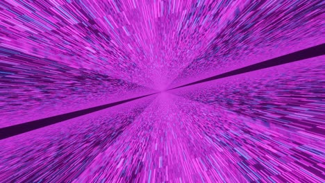 animación computarizada de movimiento rápido a través del túnel espacial púrpura con numerosas partículas diminutas en movimiento rápido