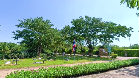 un tranquilo paseo por el parque rama ix de bangkok, capturando la exuberante vegetación, las banderas vibrantes y el cielo azul claro a la luz natural del día