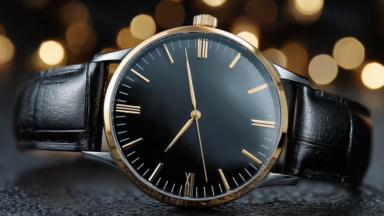 Elegant Timepiece: A Luxurious Black and Gold Watch Displaying Sophisticated Craftsmanship Against a Sparkling Background of Warm Lights