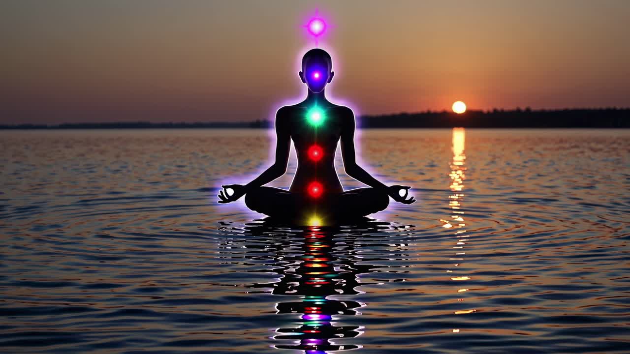 Serene woman silhouetted during yoga meditation, balancing seven chakras on water surface with glowing sunset reflecting spiritual harmony and inner tranquility