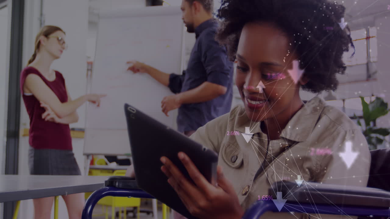 Animation of network with connections and data processing over diverse business people