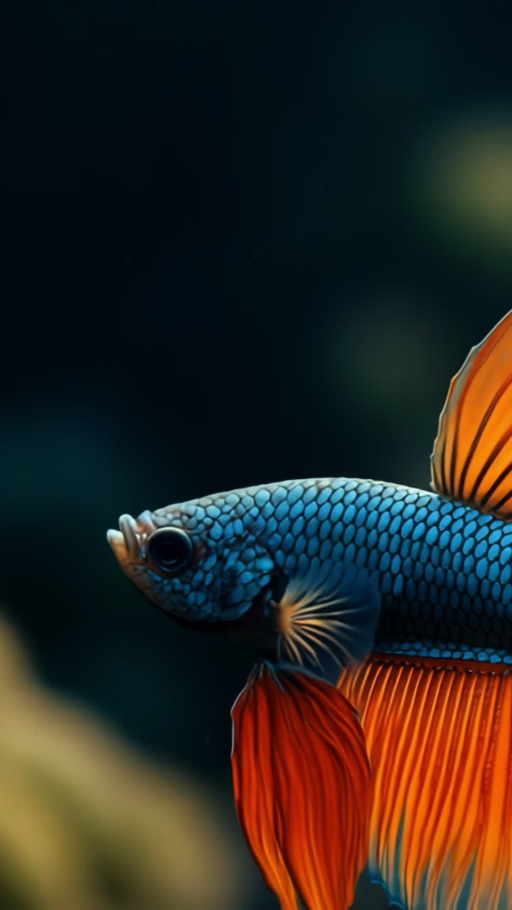 Colorful betta fish swimming gracefully. A vibrant betta fish with blue and orange fins glides through the water, showcasing its beauty in an aquarium habitat.