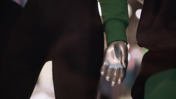 Close-up view of a silver mannequin hand with dressed in in black trousers and green sleeve, against a blur background