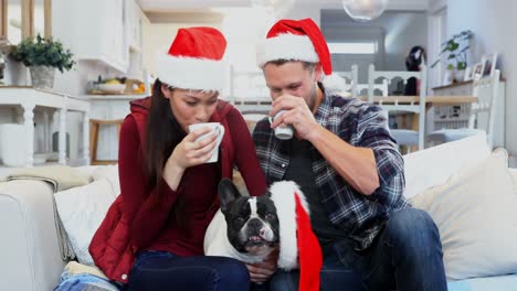 Pareja-Feliz-Y-Perro-Pug-Con-Sombrero-De-Santa-Tomando-Café-4k