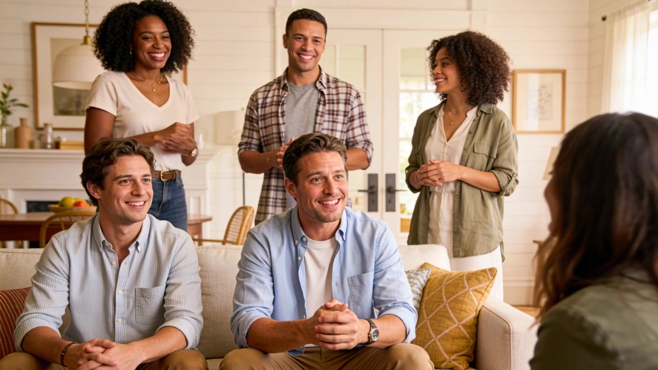 Talking central seated man guiding group toward consensus, gesturing in living room with sofa, lamp