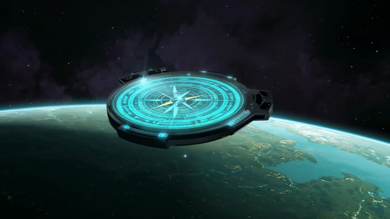 Energizing holographic platform forming compass display for navigation in orbit, with radial grid