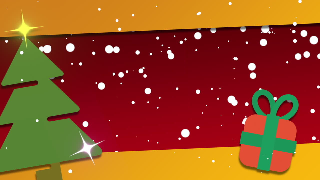 nieve voladora y árbol de navidad verde con caja de regalos