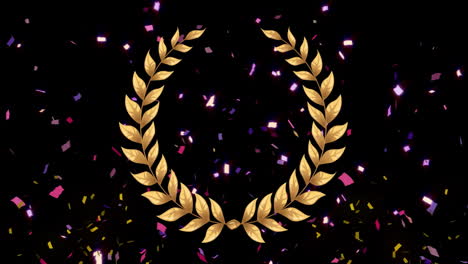 animación de una corona de laurel dorada y confeti cayendo sobre un fondo negro