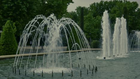 a shot of a multiple water jets fountain inside a pond