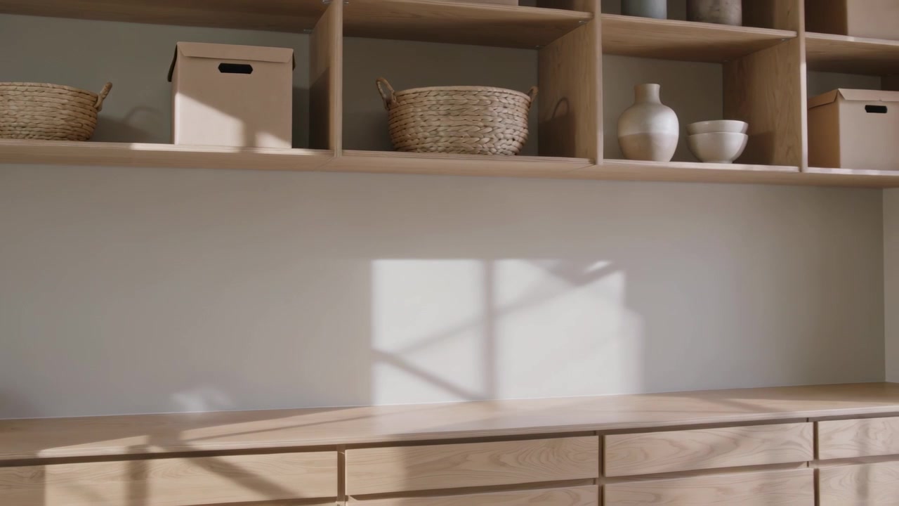 Scaffali e cassettiera a casa che catturano la luce del sole creando un'ombra a griglia, rivelando cesti e un vaso.