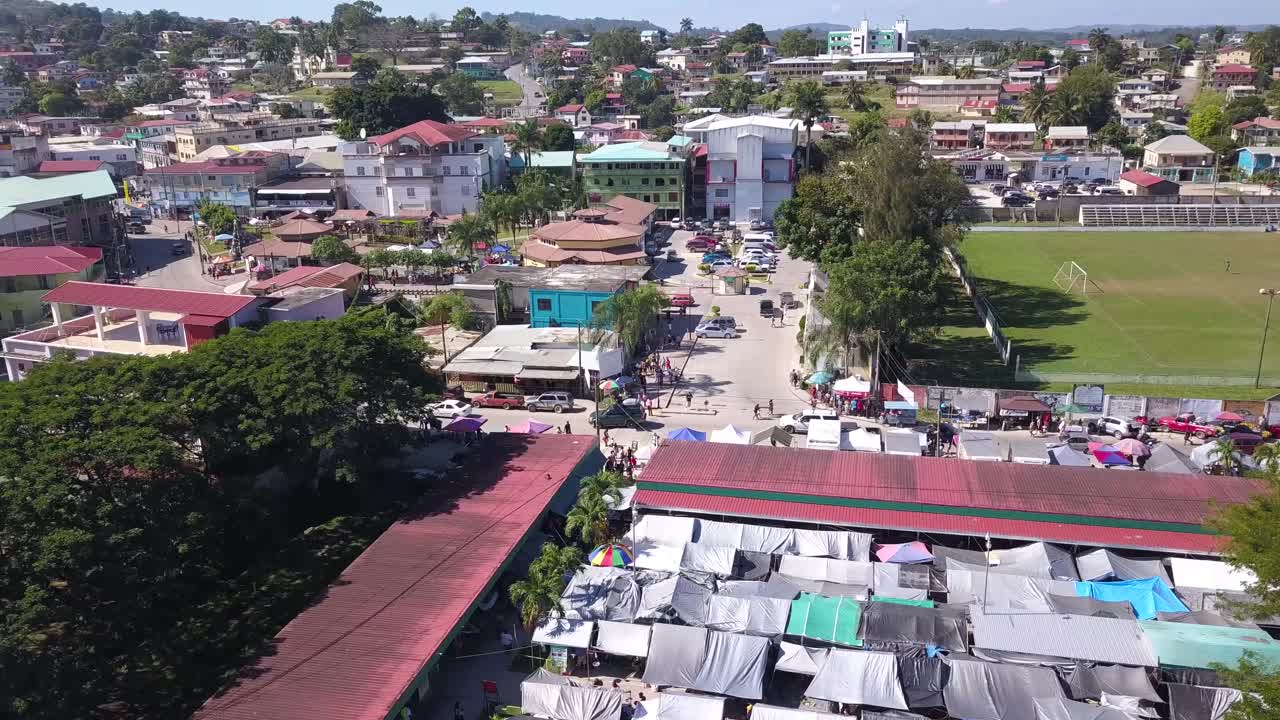 Drone shot overlooking the welcome center and down town San Ignacio , Belize C.A.
