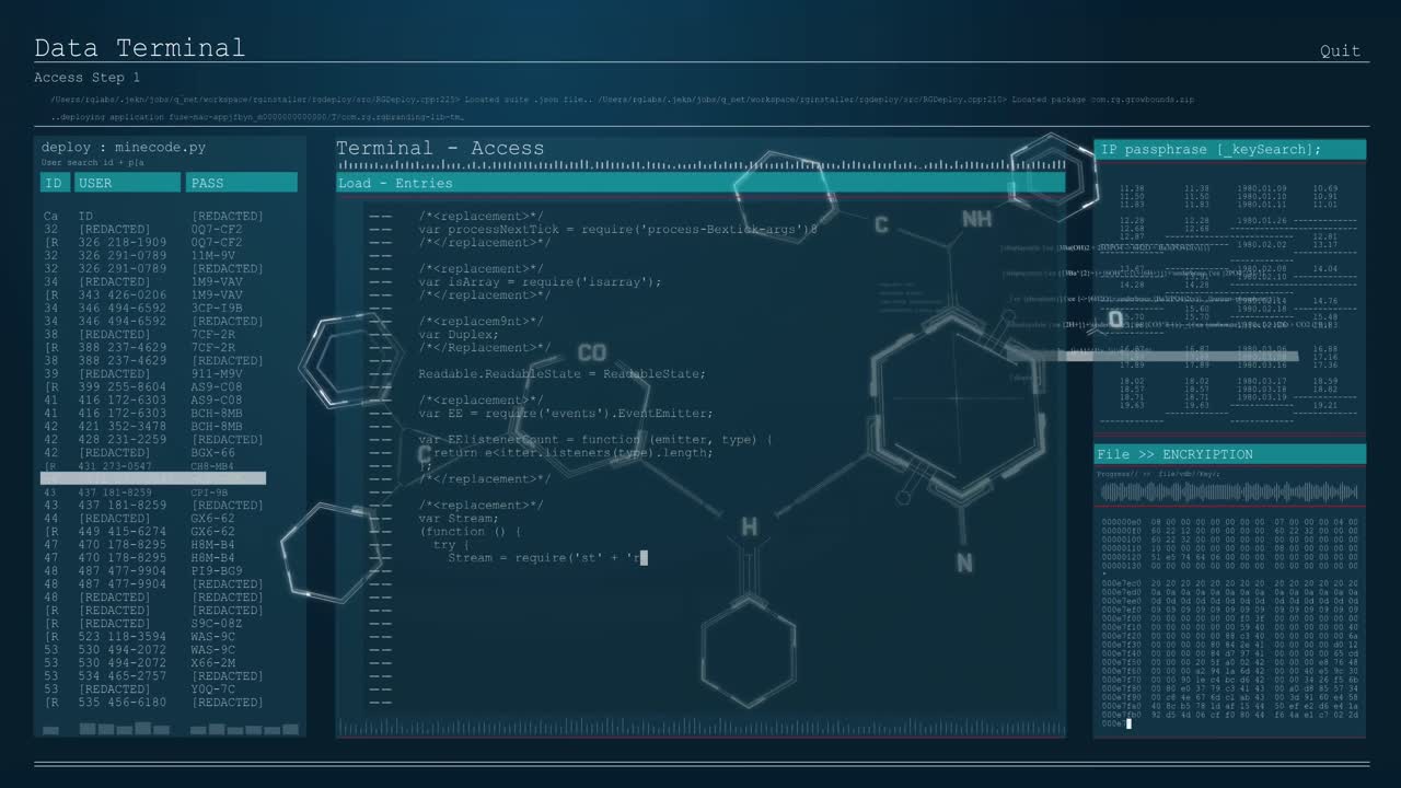estructuras químicas flotando sobre la interfaz digital con el procesamiento de datos contra un fondo azul