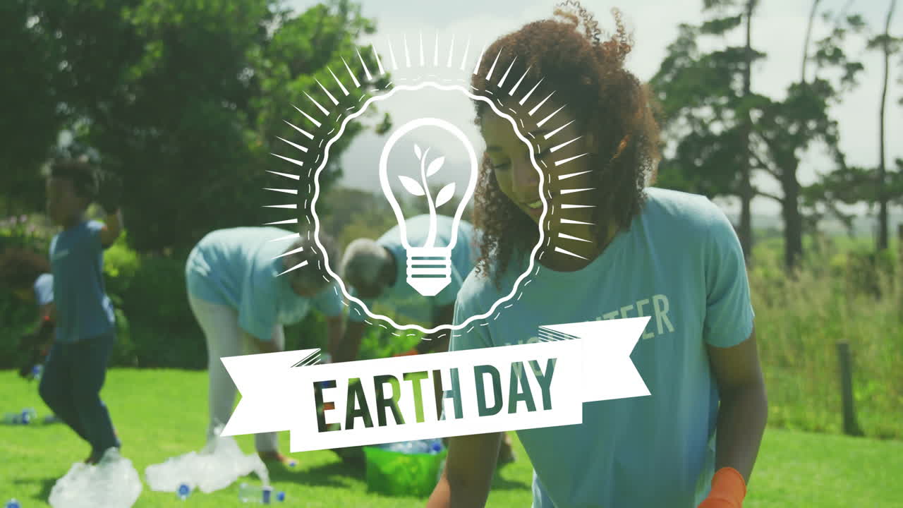 Earth Day animation over volunteers cleaning up park