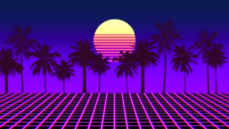 80's sunset retro palm trees in purple, pink, and orange