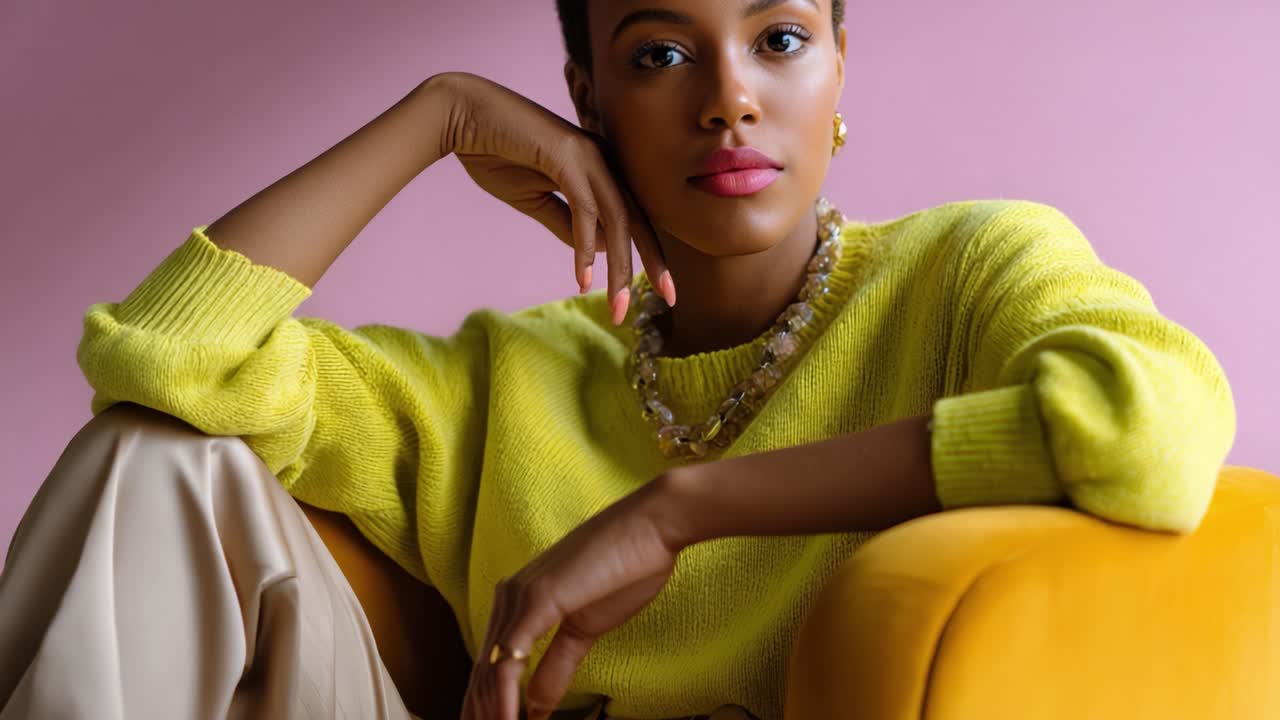 A Portrait of Elegance: A Confident Woman in a Yellow Sweater with Pink Lipstick Posing Gracefully Against a Soft Pink Background