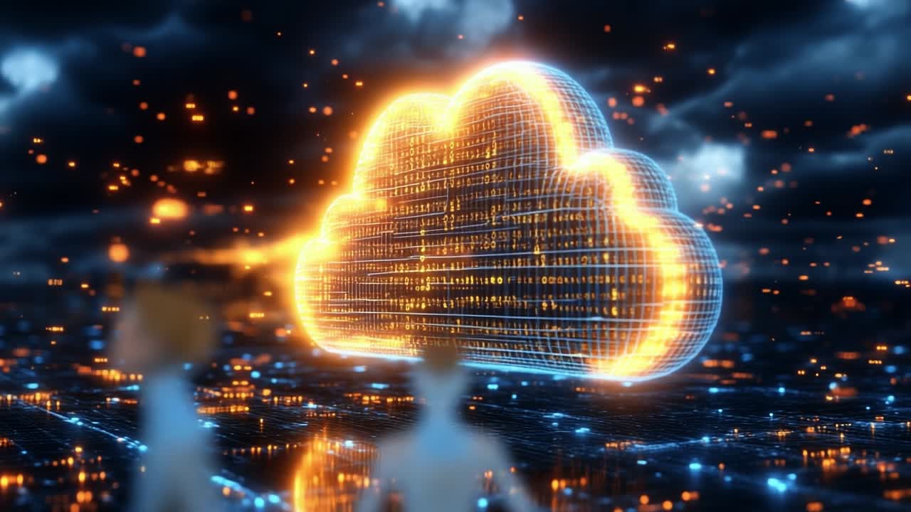 Futuristic cloud visual. A glowing digital cloud structure amidst glowing particles represents advanced technology and connectivity.