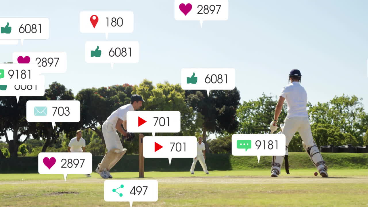 필드에서 다양한 크리켓 선수에 대한 디지털 데이터 처리의 애니메이션