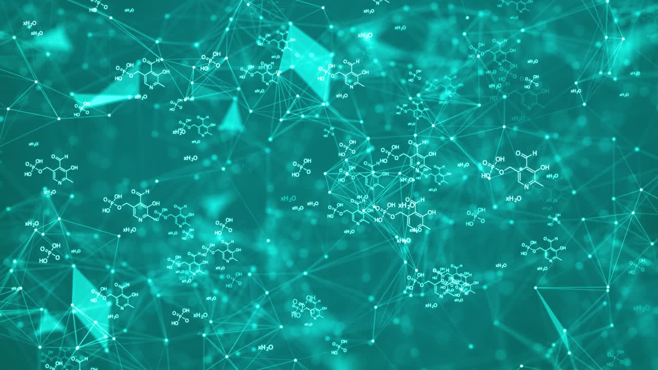 Abstract Chemical Formulas Background with Futuristic Plexus Network: Cyan Science and Medical Motion Graphics Loop