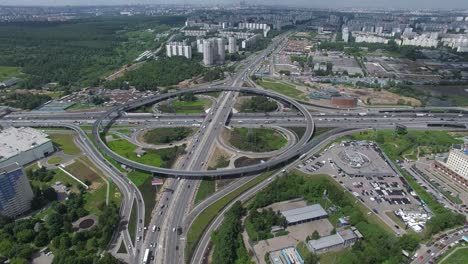 aerial moscow cityscape with busy roads and interchange, russia