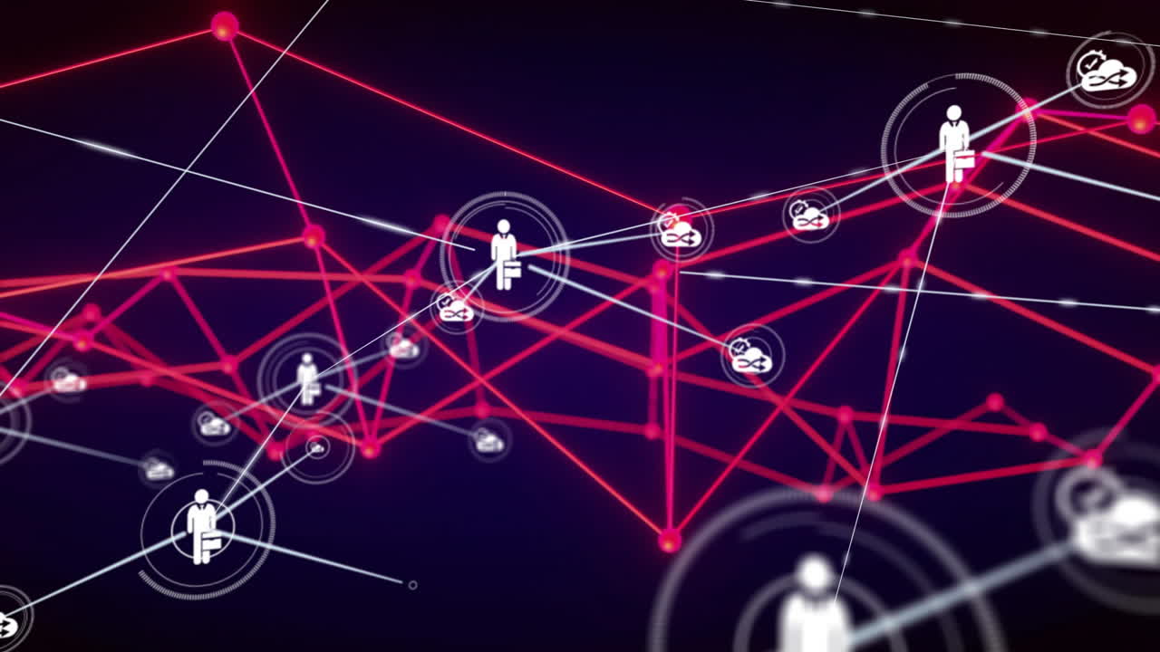 animación de la red de conexiones y procesamiento de datos sobre un fondo oscuro